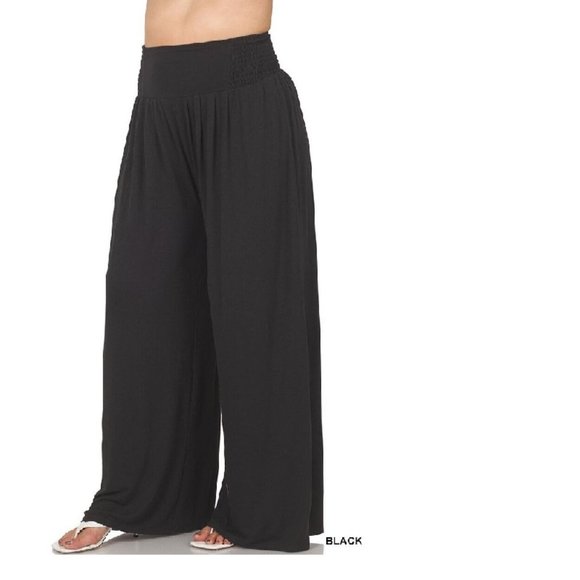 Zenana Outfitters Pants - Plus Size Palazzo Pants Womens Wide Leg Lounge Shirred Waist Black 1X 2X 3X